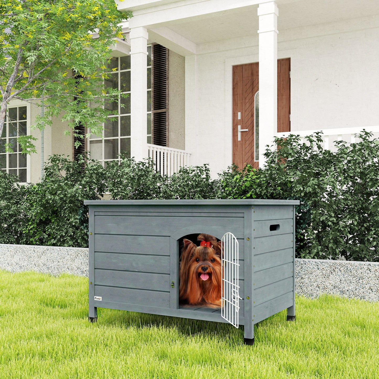 PawHut Wooden Dog House with Removable Bottom, Wire Door, Openable Top, Pet Shelter for Small Dog, 80 x 55 x 53.5cm, Dark Grey