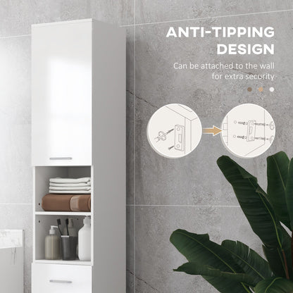 kleankin 71" Tall Slim Bathroom Storage Cabinet, Tall Narrow Cupboard with Drawer, Open Shelves, 2 Doors Cabinets and Adjustable Shelves for Kitchen, Hallway, Living Room, High Gloss White