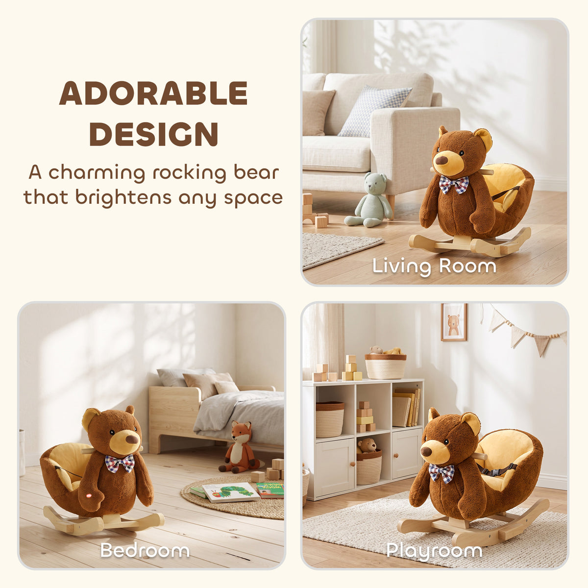 AIYAPLAY Rocking Horse Toy, Cartoon Bear Wooden Ride on Horse with Seat Belt, Music, Pretend Play Toy for Toddlers 18-36 M, Brown