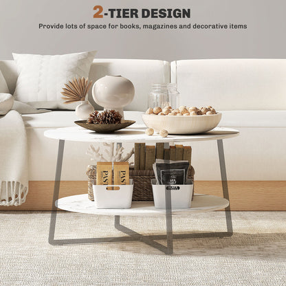 HOMCOM 2-Tier Round Coffee Table with Storage Shelf, Living Room Table with Marble Effect Top and Steel Frame, White