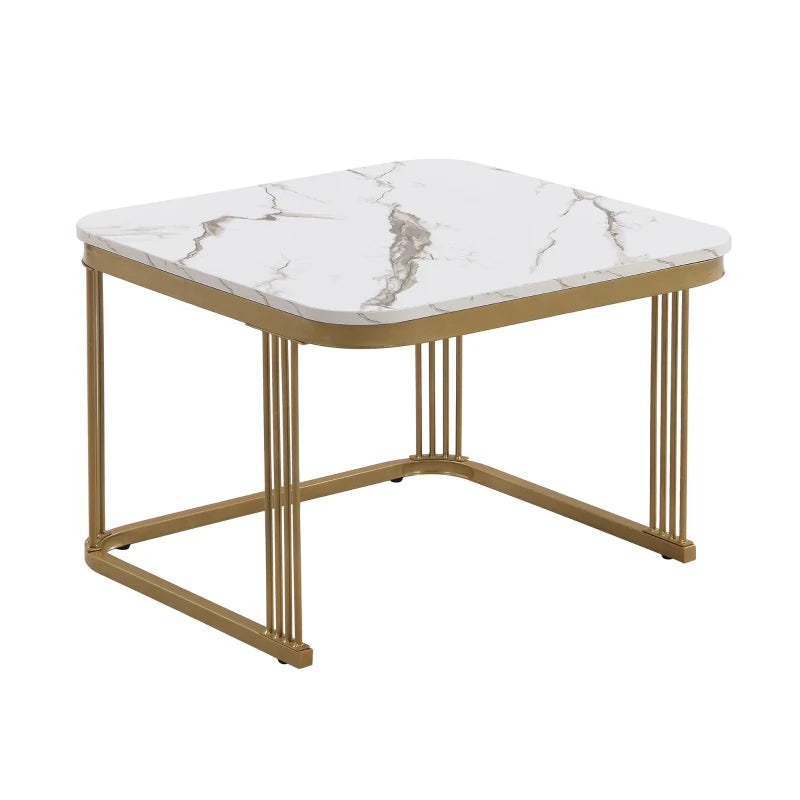 Nestable Coffee Table Set of Two with High Gloss Marble Top, Gold Accents, and Drawer, Perfect Side Tables for Living Room, 60x60x45 cm + 50x50x34 cm, White