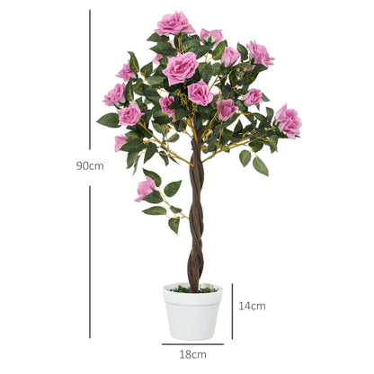 Outsunny Set of 2 Artificial Plants White Rose Floral in Pot, Fake Plants for Home Indoor Decor, 90cm, Purple
