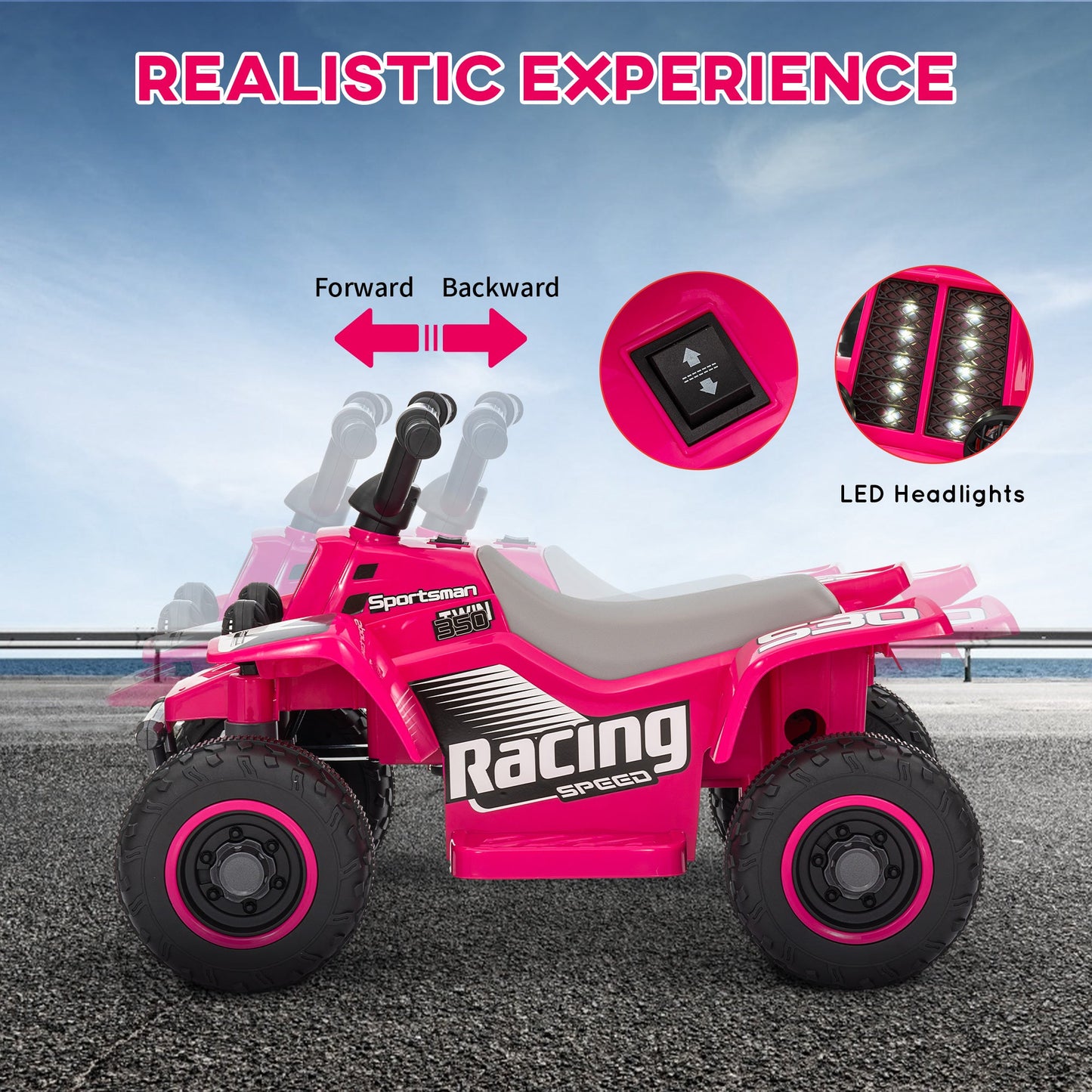 AIYAPLAY 6V Electric Quad Bike for Kids, Ride On ATV w/ Forward/Reverse, Headlights, for Ages 18-36 Months, Pink