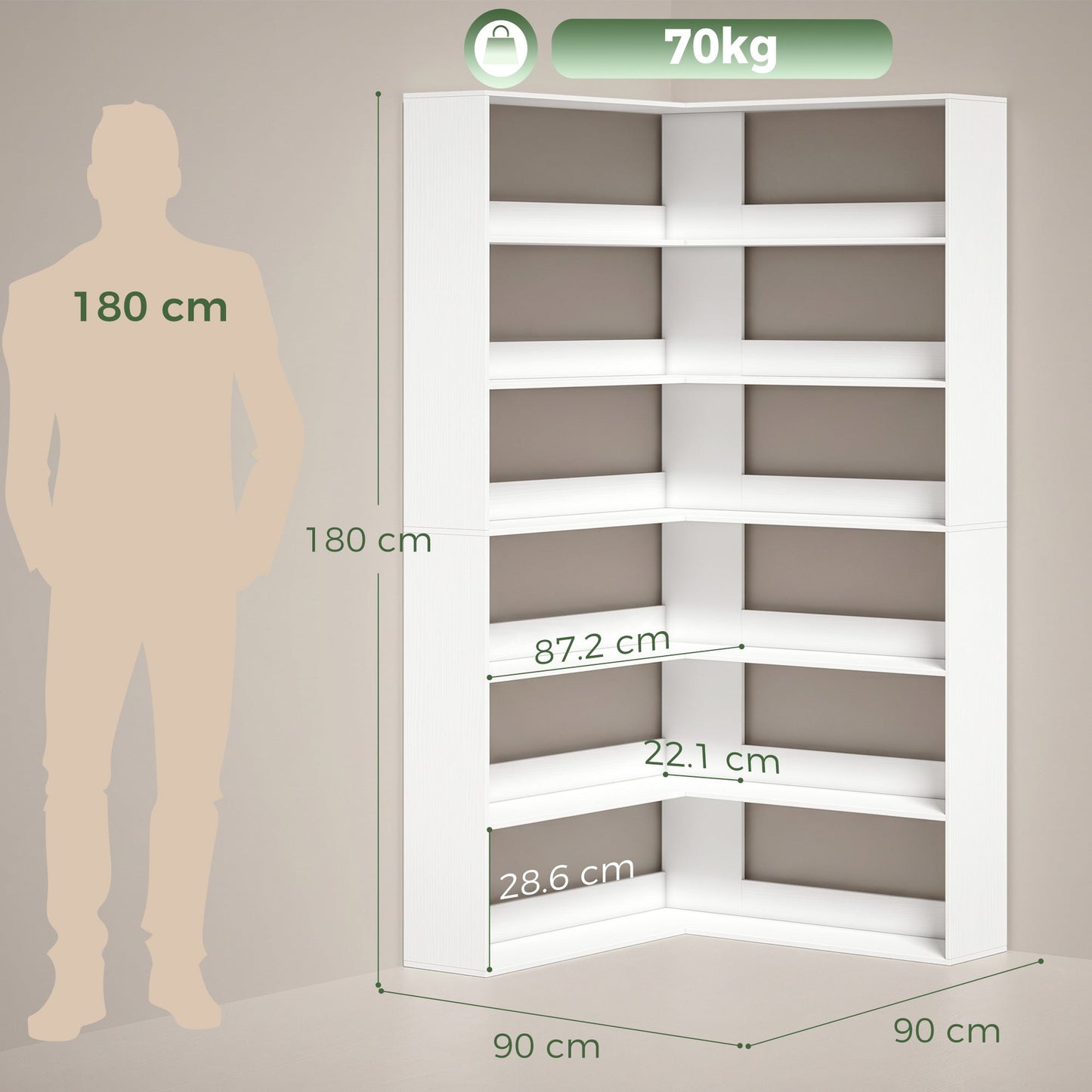 HOMCOM 7 Tiers Bookshelf, L-Shaped Corner Bookcase with Anti-Slip Rear Guard, White Wood Effect