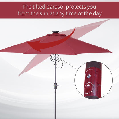 Outsunny a2.7m Garden 24 LED Light Parasol Solar Outdoor Tilt Sun Umbrella Patio Club Party Event Manual Sun Shade w/ Hand Crank and 8 Ribs, Red