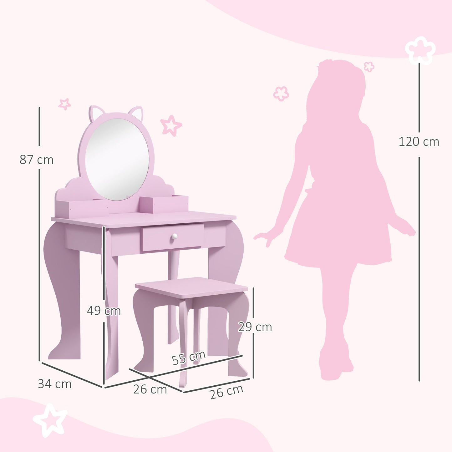 ZONEKIZ Kids Vanity Table with Mirror and Stool, Cat Design, Drawer, Storage Boxes, for 3-6 Years Old - Pink