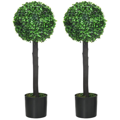 HOMCOM Set of 2 Artificial Plants Boxwood Ball Trees in Pot Fake Plants for Home Indoor Outdoor Decor, 20x20x60cm, Green