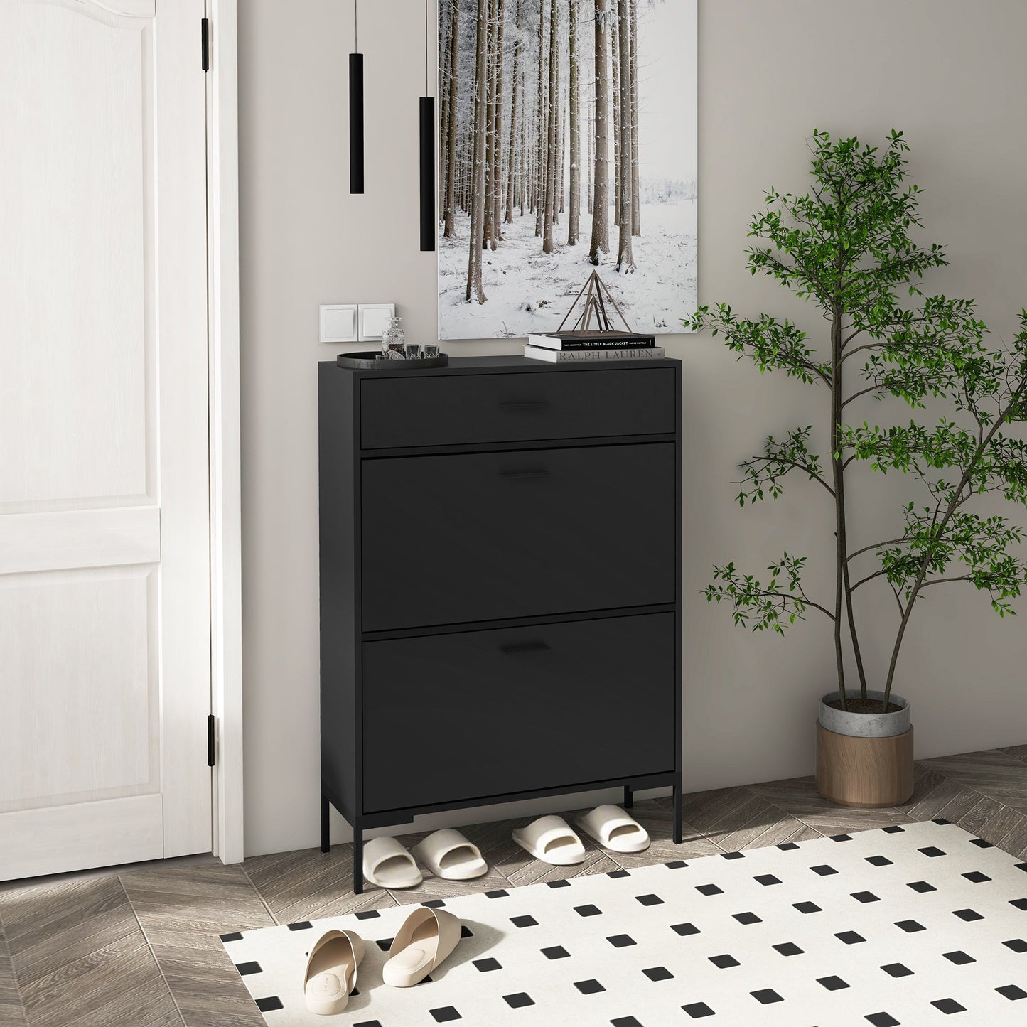 HOMCOM Three Drawer Slim Shoe Storage Cabinet, 12 Shoe Pairs - Black