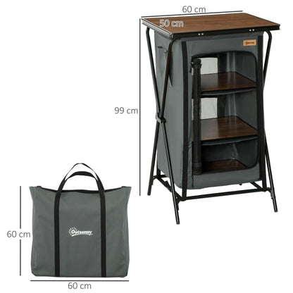 Outsunny Camping Cupboard, Aluminium Foldable Camping Kitchen Station Cook Table with Storage Shelves and Carrying Bag for BBQ Party Picnic Backyard