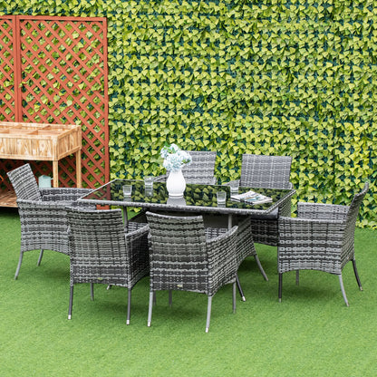 Outsunny 7 Pieces Outdoor PE Rattan Garden Dining Set, Patio Conversation Furniture Set with 6 Cushioned Armchairs and Rectangular Glass Top Table, Grey