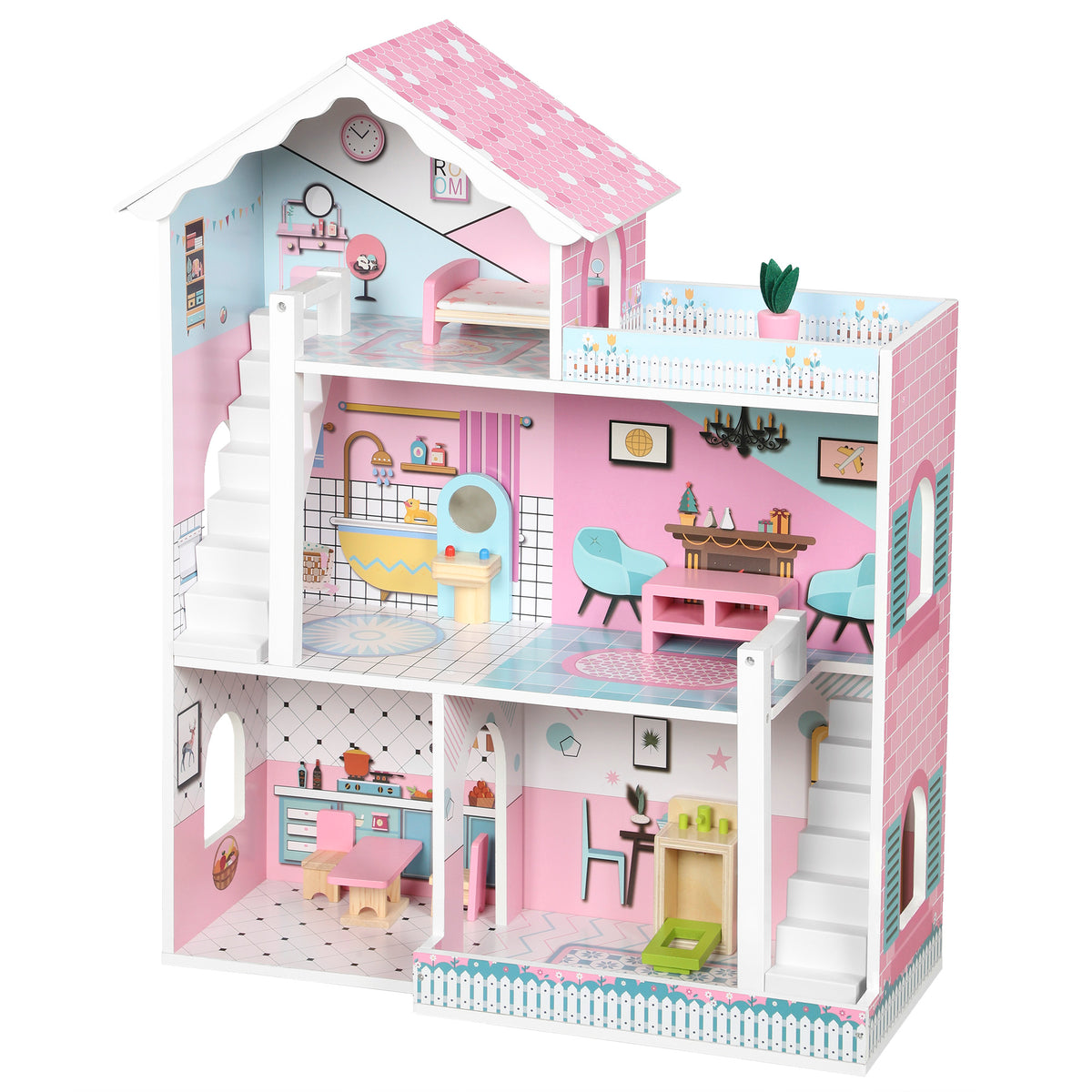 AIYAPLAY Wooden Dolls House, Large 3-Storey Modern Dollhouse with 10 Accessories, Pretend Play Toy Gift for Ages 3-6 Years, Pink