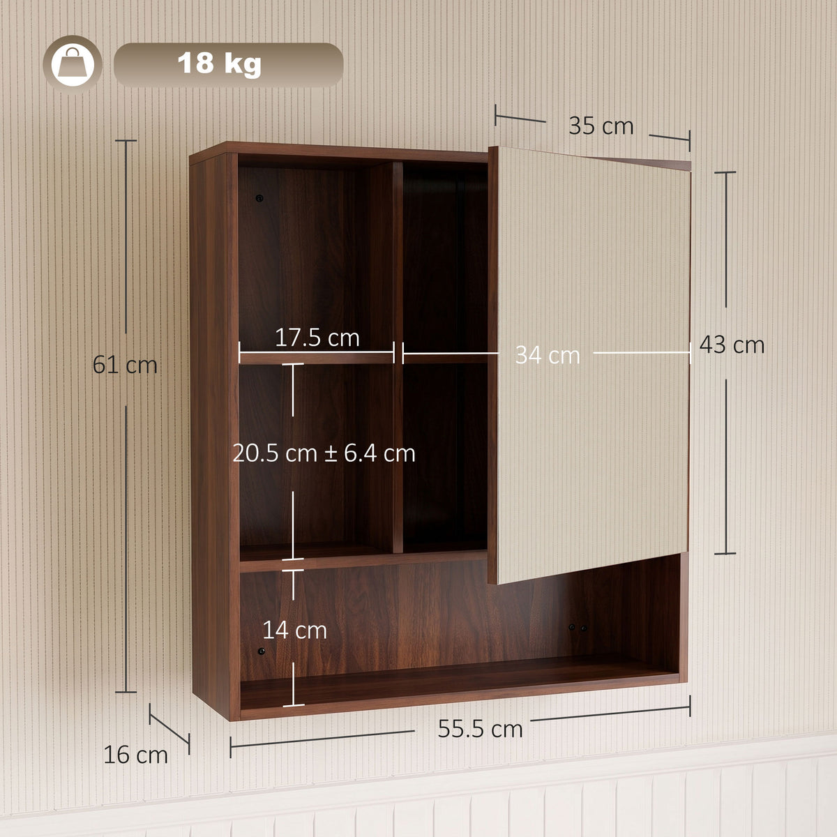 HOMCOM Bathroom Mirror Cabinet, Wall-Mounted Bathroom Cabinet with Mirror Door, Adjustable Shelves, Walnut Brown