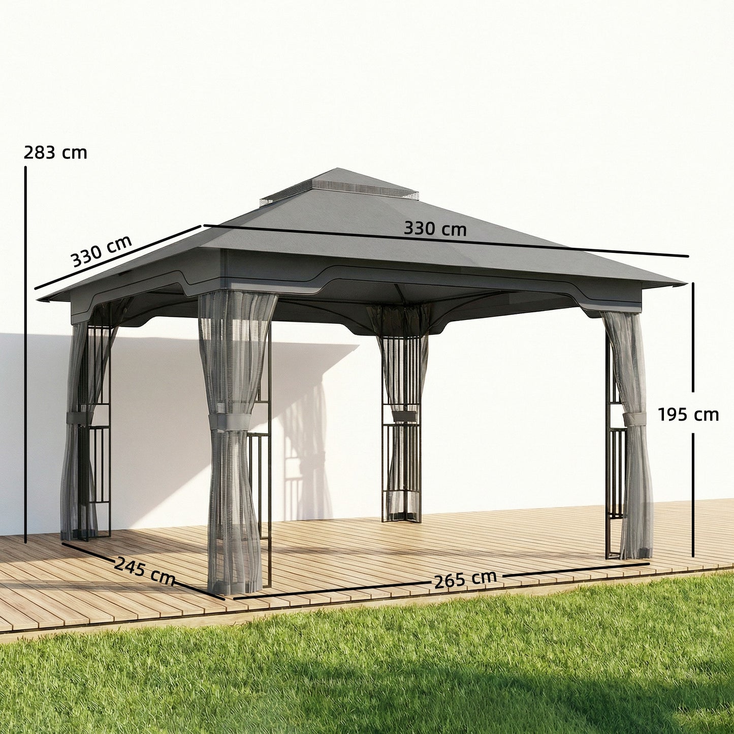 Outsunny 3.3 x 3.3 m Outdoor Garden Gazebo with Post Shelves, UPF50+ Patio Permanent Pavilion with Hook, Dark Grey