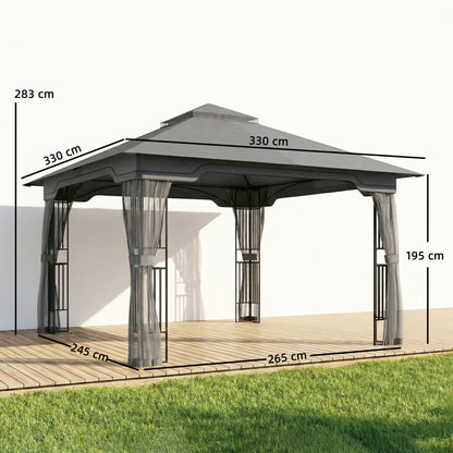 Outsunny 3.3 x 3.3 m Outdoor Garden Gazebo with Post Shelves, UPF50+ Patio Permanent Pavilion with Hook, Dark Grey