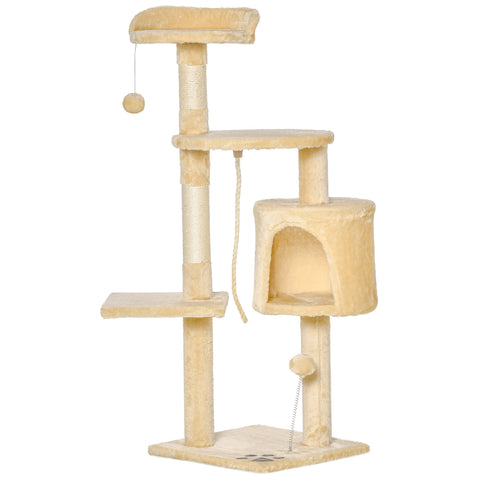 PawHut Cat Tree for Indoor Cats Pet Activity Centre Kitty Condo Climbing Scratching Post with Toys 4-tier 114cm Tall Beige