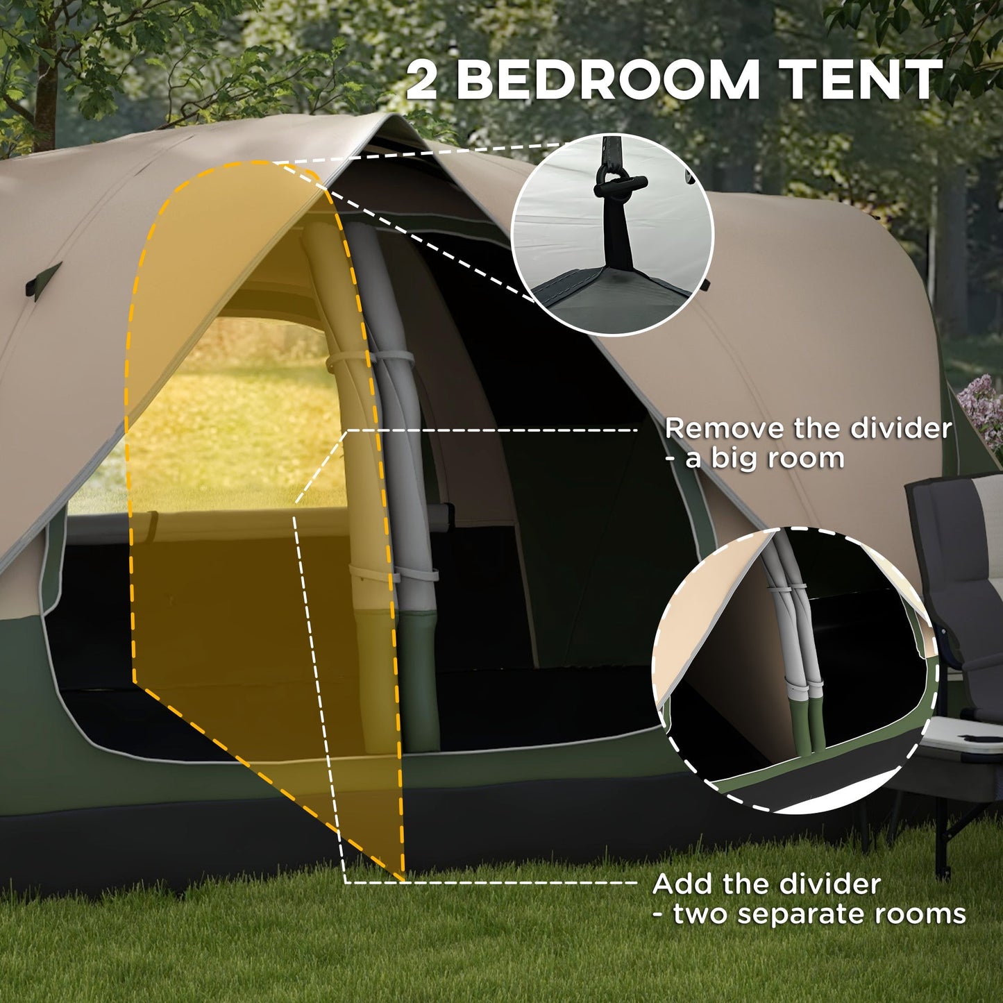 Outsunny Camping Tent for 6-8 Man with 2000mm Waterproof Rainfly and Carry Bag for Fishing Hiking Festival, Dark Green