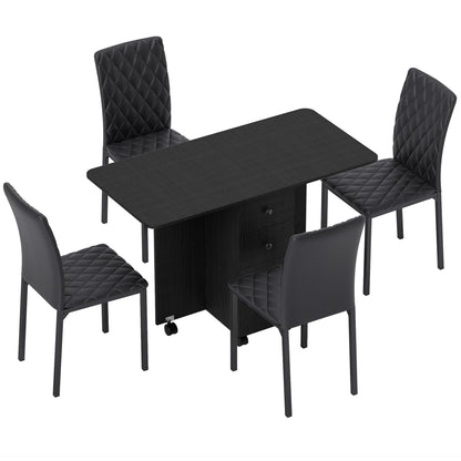 HOMCOM Dining Table Set, Folding Drop Leaf Table with Storage and 4 Chairs, Black