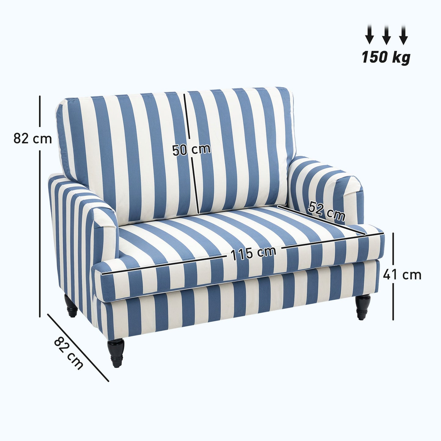 HOMCOM Modern Cuddle Chair, Velvet Single Sofa Armchair with Stripe, Turned Legs and Wide Seat, Upholstered Snuggle Chair for Living Room, Bedroom, Blue and White