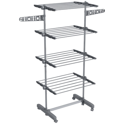 HOMCOM Four-Shelf Collapsing Clothes Horse, With Side Arms and Wheels - Grey