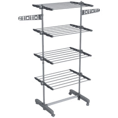 HOMCOM Four-Shelf Collapsing Clothes Horse, With Side Arms and Wheels - Grey