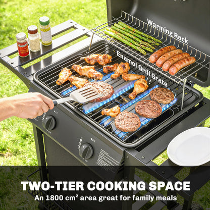 Outsunny Gas Burner Barbecue Grill, 2 Burner Gas Grill with Side Tables, Warming Rack, Shelf, Thermometer, Grease Tray, Black