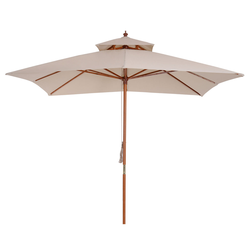 Outsunny 3 x 3 metre Patio Parasol Garden Umbrellas Sunshade Outdoor Wooden Parasol Canopy Double Tier, Beige, BASE NOT INCLUDED
