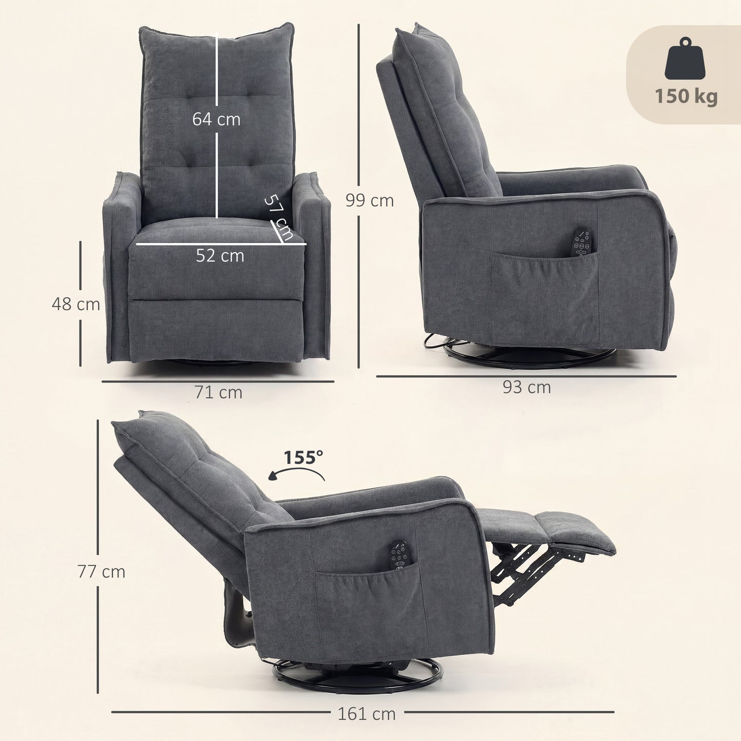 HOMCOM Recliner Armchair, Chenille Recliner Chair with Massage and Heat, 360Â° Swivel Rocking Manual Recliner, Dark Grey