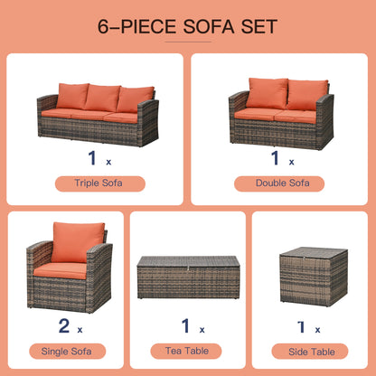 Outsunny 6 Pieces Rattan Garden Furniture Set Wicker Outdoor Sofa Sectional Patio Conversation Furniture Set w/ Storage Table and Cushions, Orange