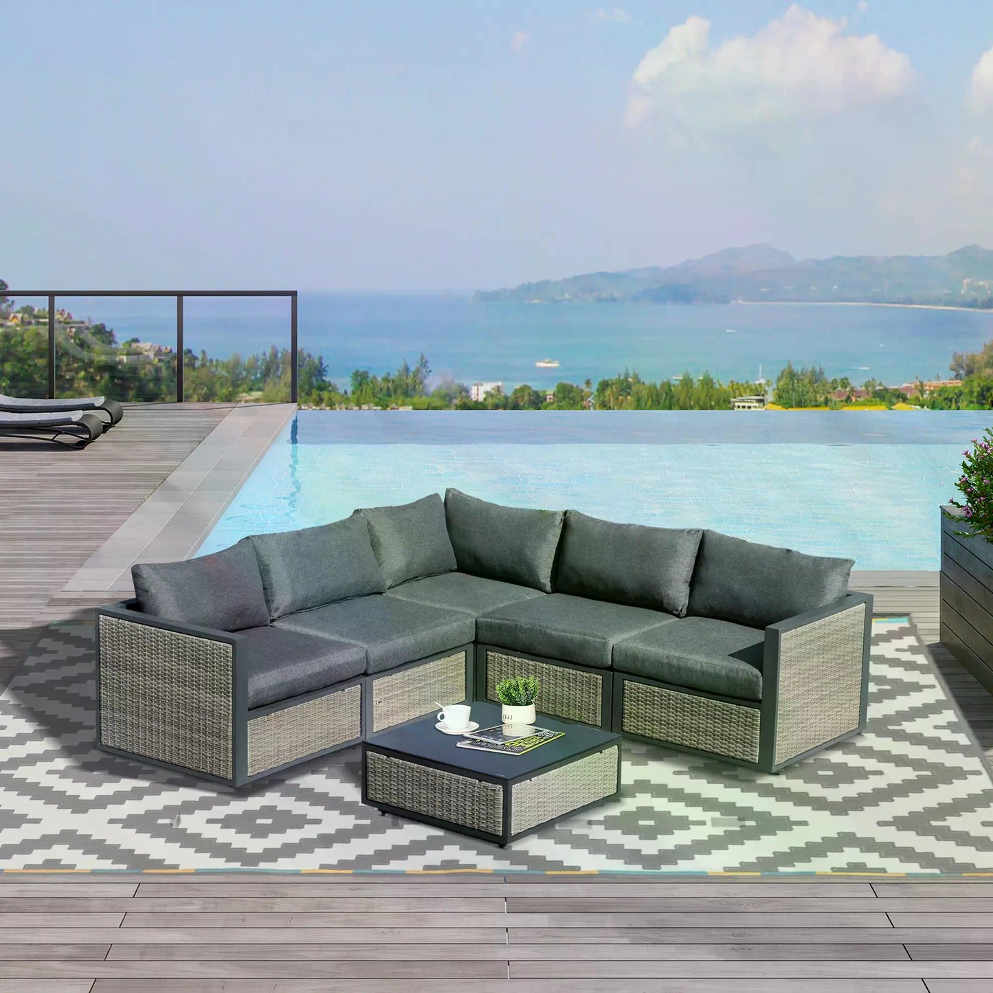 Outsunny 6 Pieces Patio Wicker Corner Sofa Set, Outdoor PE Rattan Sectional Conversation Aluminum Frame Furniture Set w/ Padded Cushion & Coffee Table, Grey