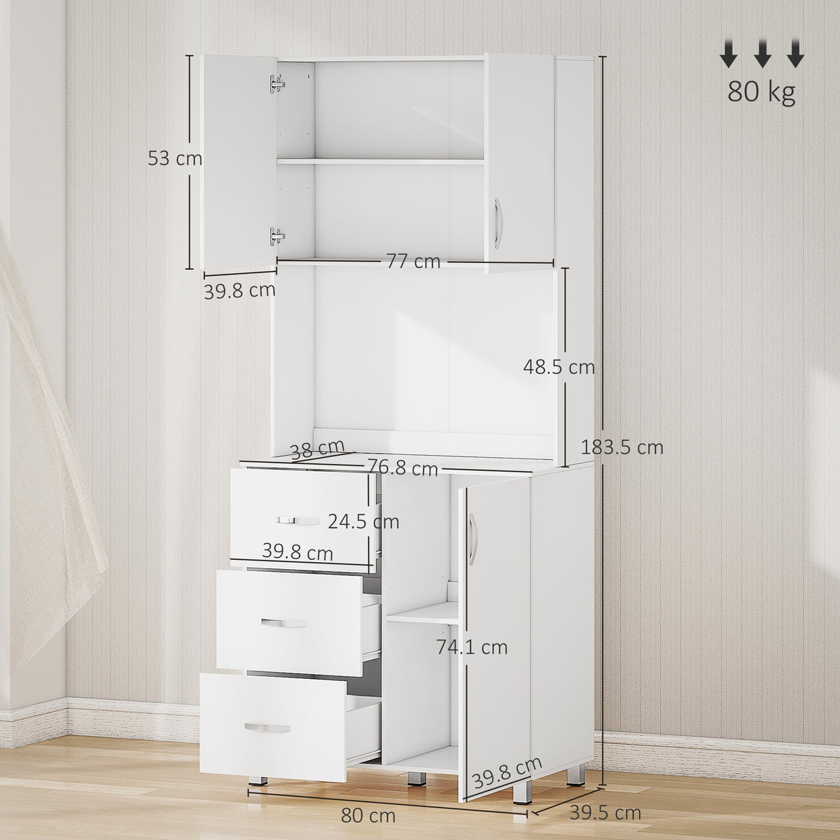 HOMCOM 183.5cm Free standing Kitchen Cupboard, Storage Cabinet with Doors and Sheleves, 3 drawers and Open Space, Adjustable Height Storage Unit, White