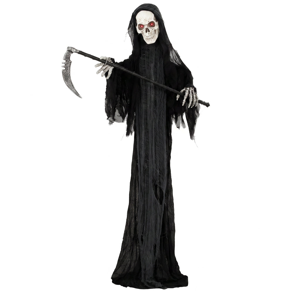 HOMCOM 183cm Life Size Animated Grim Reaper Halloween Decoration, Scary Halloween Animatronics Decor with Sound Touch Activated