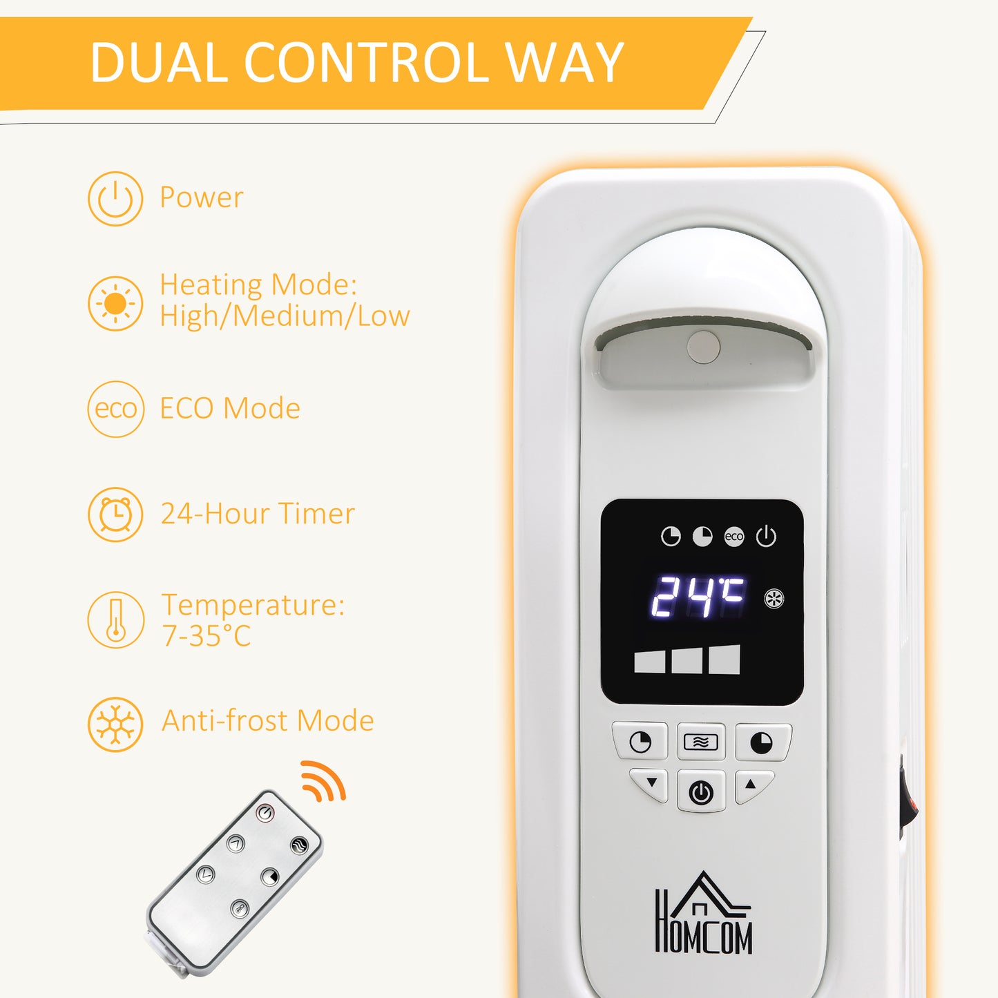HOMCOM 1500W Digital Oil Filled Radiator, 7 Fin, Portable Electric Heater with LED Display, 24-Hour Timer, 3 Heat Settings, Safety Cut-Off and Remote Control, White