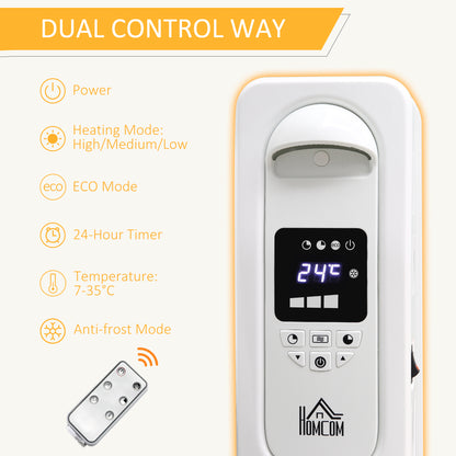 HOMCOM 1500W Digital Oil Filled Radiator, 7 Fin, Portable Electric Heater with LED Display, 24-Hour Timer, 3 Heat Settings, Safety Cut-Off and Remote Control, White