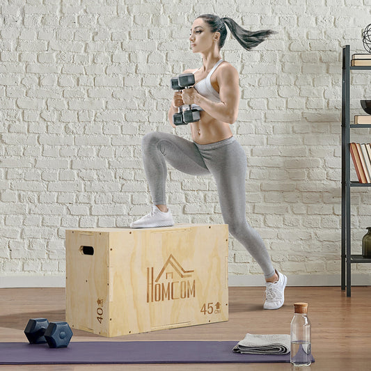 HOMCOM 3-in-1 Wooden Plyo Box, Plyometric Jump Box with Handle Openings for Home Gym, Workout Training, Natural