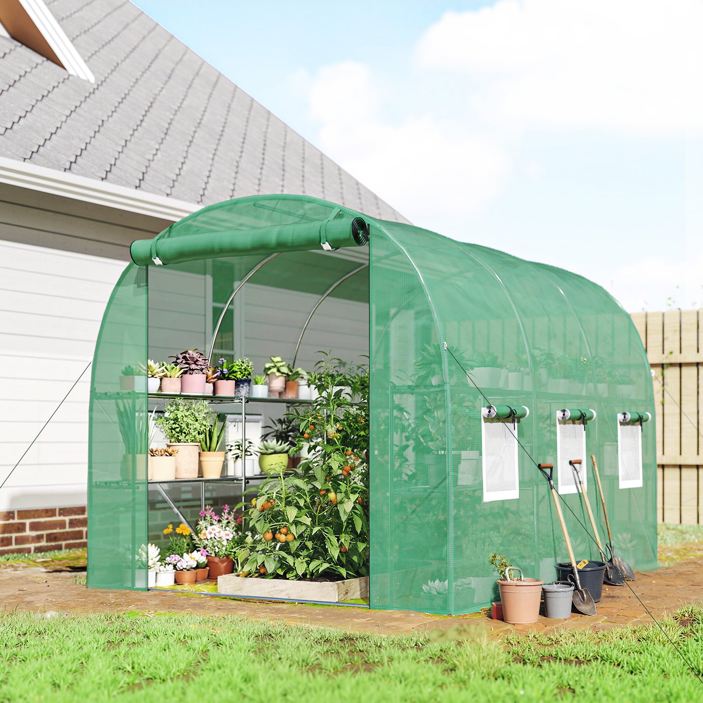 Outsunny Walk-in Greenhouse with Shelves, Polytunnel Greenhouse with Roll-Up Door, 6 Mesh Windows,198 x 275 x 191 cm, Green