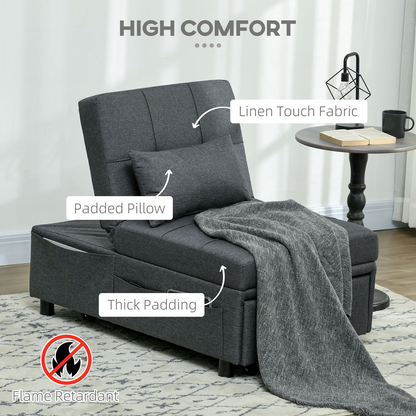 HOMCOM Convertible Chair Bed with Padding Seat, 4-in-1 Multi-Functional Sleeper Sofa Bed, Recliner with Adjustable Backrest, Side Pocket, Wheels and Pillow, for Living Room, Grey