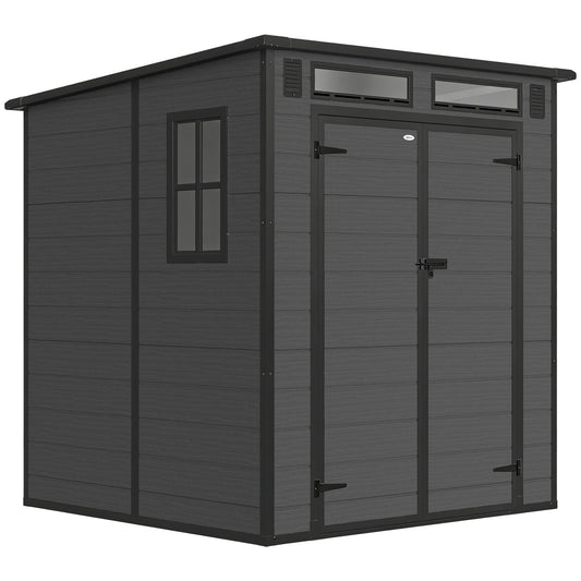 Outsunny 6 x 6 ft Plastic Garden Shed, Wood-Effect Outdoor Storage Shed with Floor, Windows, Lockable Doors and Vents, Dark Grey