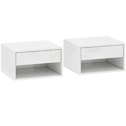 HOMCOM Set of Two Floating Bedside Tables, Wall Mounted Nightstand with Drawer and Open Shelf, High Gloss White