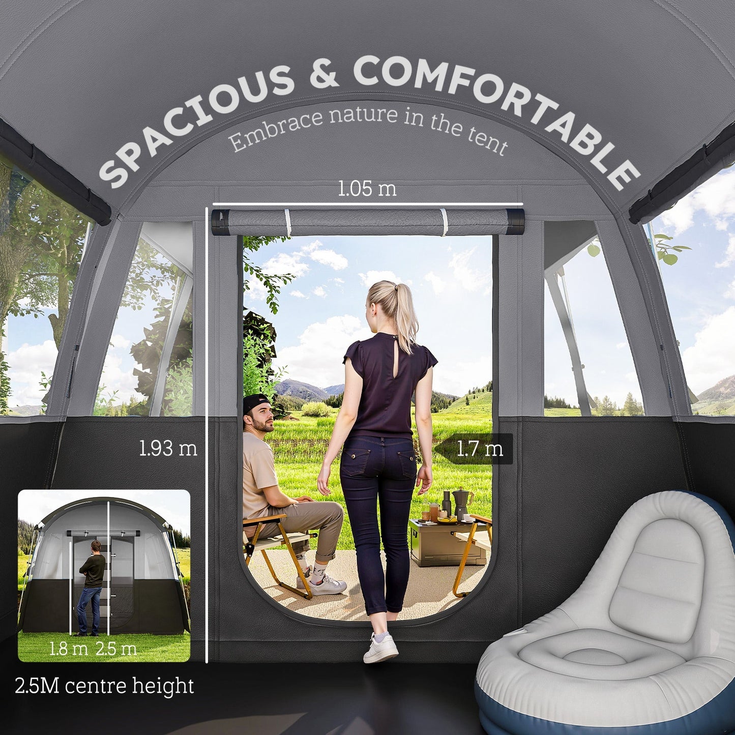 Outsunny 8-Person Camping Tent, Waterproof Family Tent, Tunnel Design, 4 Large Windows, Sleeping Cabins 3000mm Water Column Grey