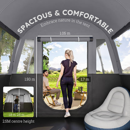 Outsunny 8-Person Camping Tent, Waterproof Family Tent, Tunnel Design, 4 Large Windows, Sleeping Cabins 3000mm Water Column Grey