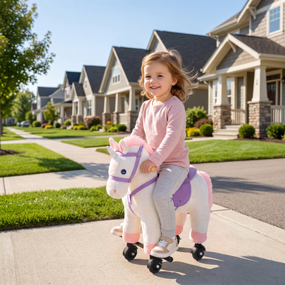 AIYAPLAY Unicorn Rocking Horse, Plush Ride On Horse with Hoof and Neighing, Rolling Wheels and Pedal for 3-8 Y, Up to 50kg, White