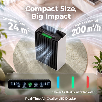 HOMCOM Air Purifier for Home, H13 HEPA Filter, Pet Air Cleaner, Sleep & Auto Mode, 24m², Quiet 28dB, AQI Indicator, 8H Timer