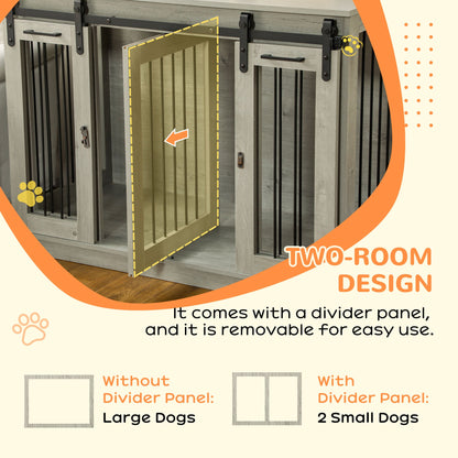 PawHut Dog Crate Furniture for Large Dogs, Double Dog Cage for Small Dogs, with Divider - Grey