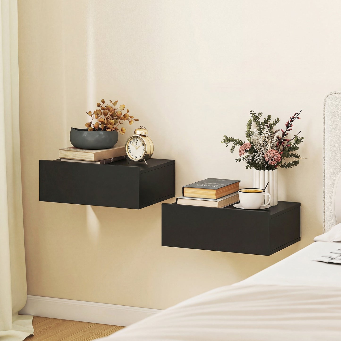 HOMCOM Floating Bedside Table Set of 2, Wall-Mounted Nightstand with Storage Drawer, Small Side End Table for Bedroom, Black