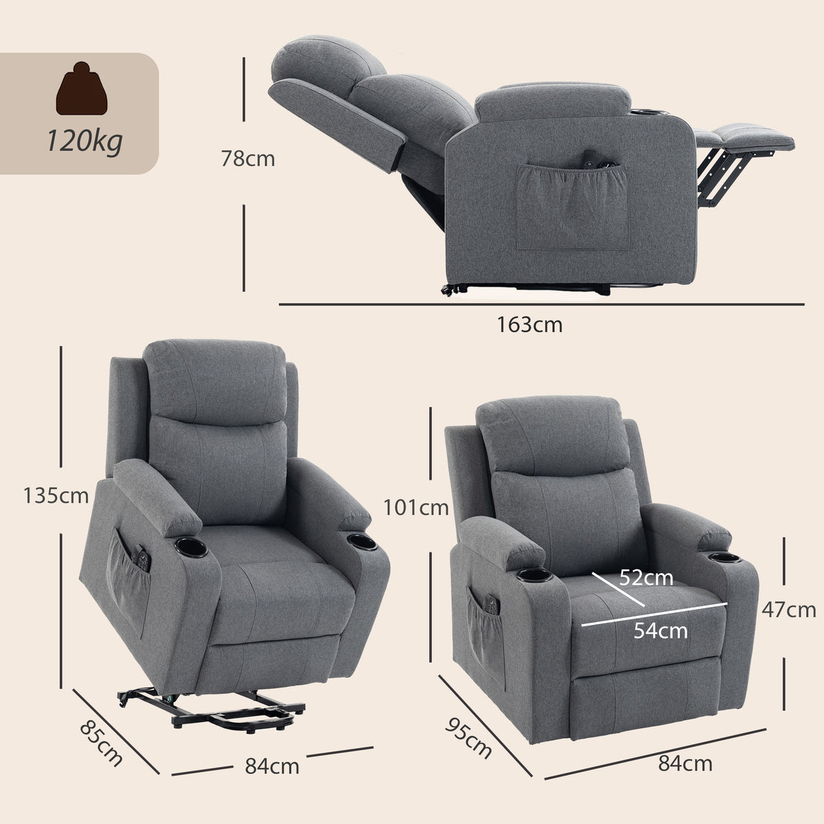 HOMCOM Riser Recliner Chair with Massage and Heat, Linen Electric Lift Armchair for Elderly with Spring Cushion, Dark Grey