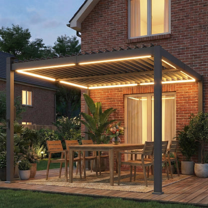 Outsunny 3 x 3 m Louvered Pergola with Solar LED lights, Metal Roof, Patio Gazebo Pergola Canopy with Drainage Gutters, Black