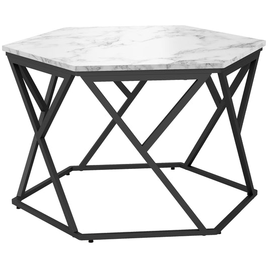 HOMCOM Hexagonal Coffee Table with High Gloss Marble Effect Table Top, Modern Cocktail Table with Steel Frame for Living Room, White