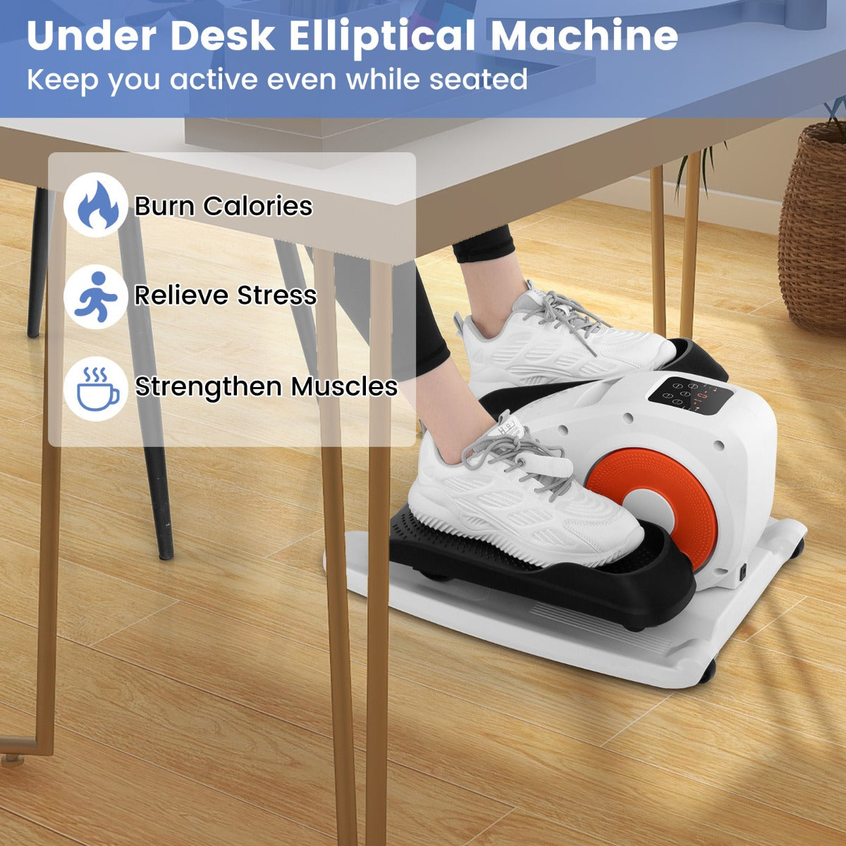 Under Desk Elliptical Machine with Display Screen and Remote Control-White