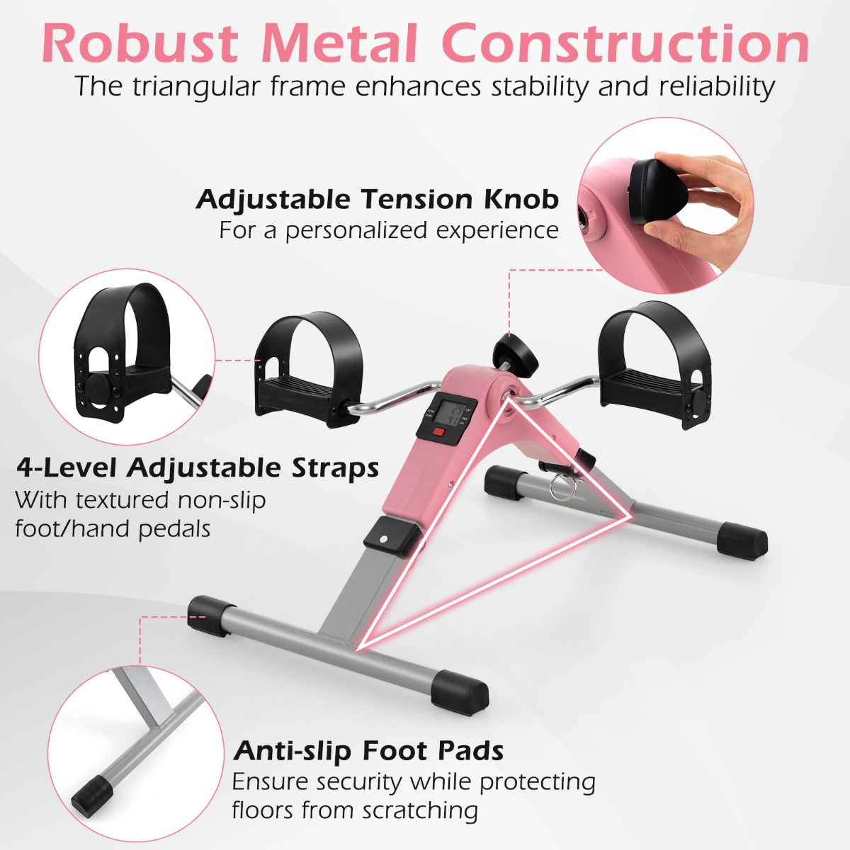 Under Desk Exercise Bike Pedal Exerciser with LCD Display for Legs and Arms Workout-Pink