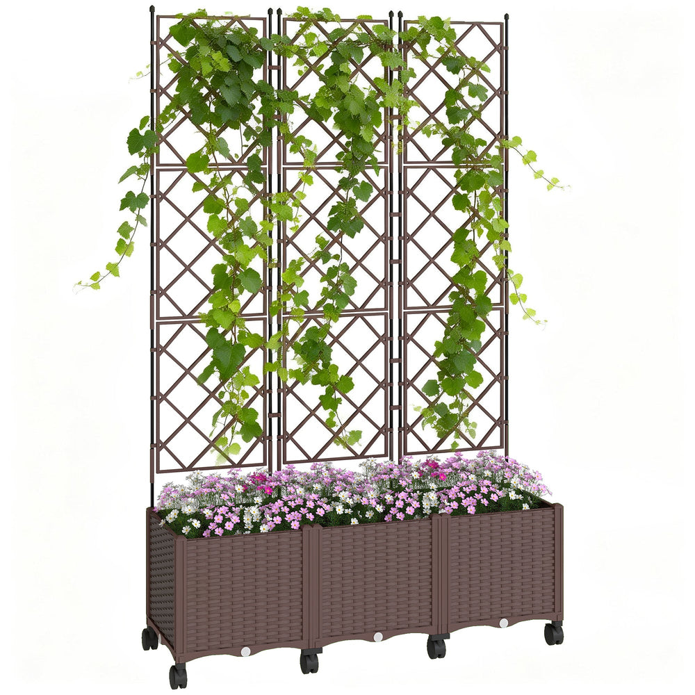 Outsunny Plastic Raised Planter with Trellis, Self Watering Raised Bed for Garden with Wheels, Drainage Holes and Plugs